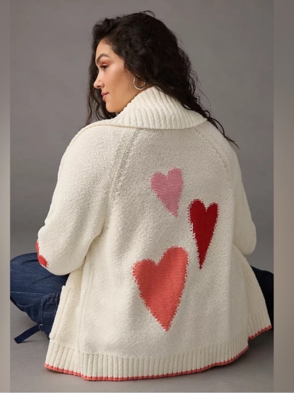 Anthro Heart Cardigan in ivory cream w/ pink & red, shawl collar, cotton Sz M - Picture 2 of 8